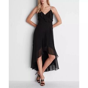 Express Black Ruffle Wrap Embellished Strap Hi-Lo Maxi Gown Evening Formal Dress